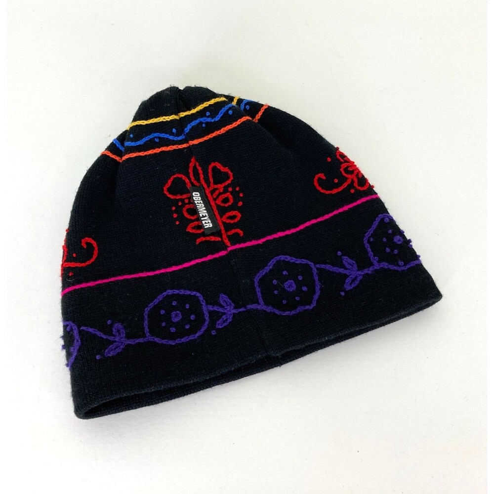 Obermeyer Women's Beanie Ski Hat One Size Black Floral Embroidery Winter Sports